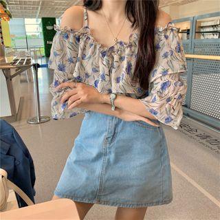 Floral Ruffle Trim Cold-shoulder Blouse