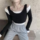 Mock Two Piece Color-block Long-sleeve Top As Shown In Figure - One Size