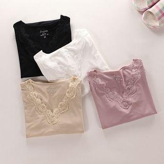 Set: V-neck Lace Trim Long-sleeve Top + Pants