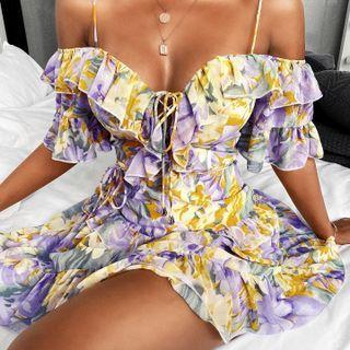 Off-shoulder Floral Print Chiffon Mini A-line Dress