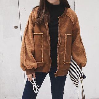 Faux Suede Pocket Patch Zip Jacket