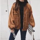Faux Suede Pocket Patch Zip Jacket