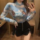 Cupid Print Long-sleeve Mock Neck T-shirt Blue - One Size