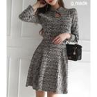 Mandarin-collar Patterned Midi Flare Dress