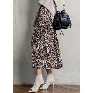 Shirred-trim Flared Long Leopard Skirt