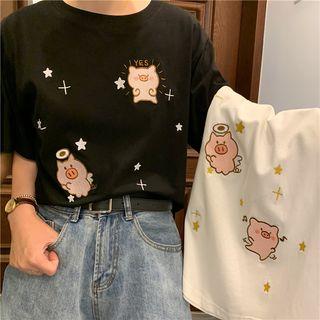 Short-sleeve Pig Embroidery T-shirt