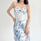 Set: Spaghetti-strap Floral Midi A-line Dress + Corset