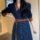 Long-sleeve Lapel Contrast Trim Denim Dress With Sash