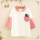 Elbow-sleeve Cat Embroidered Pocketed Two-tone Polo Shirt