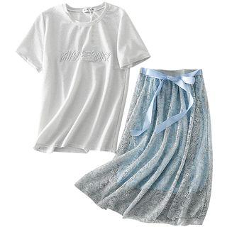Set: Short-sleeve Glitter T-shirt + Lace Midi A-line Skirt
