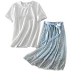 Set: Short-sleeve Glitter T-shirt + Lace Midi A-line Skirt