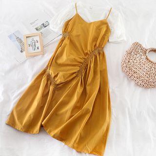 Set: Puff-sleeve Blouse + Plain Sleeveless Dress