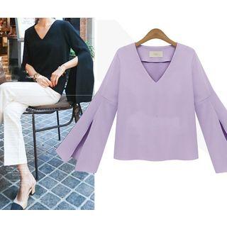 V-neck Slit Bell-sleeve Top
