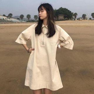 Elbow-sleeve Half-zip A-line Polo Dress