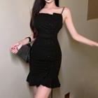 Spaghetti Strap Glitter Ruffle Hem Bodycon Dress