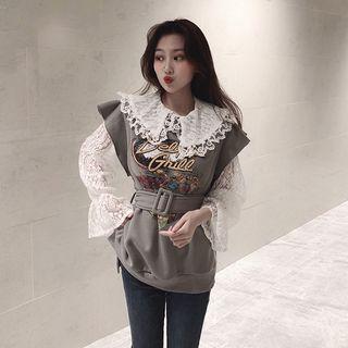 Long-sleeve Collared Lace Top / Print Vest With Belt