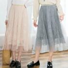 Mesh Overlay Midi A-line Pleated Skirt