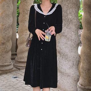 Puff-sleeve Lace Collar Velvet A-line Dress