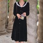 Puff-sleeve Lace Collar Velvet A-line Dress