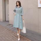 3/4-sleeve Button-front Long Dress With Belt