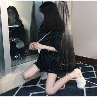 Glittered Short-sleeved Mini Dress As Shown In Figure - One Size