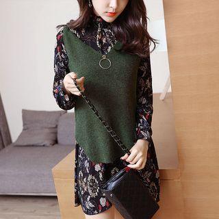 Set: Knit Vest + Floral Print Long-sleeve Chiffon Dress