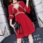 Elbow-sleeve Embroidered A-line Mini Dress