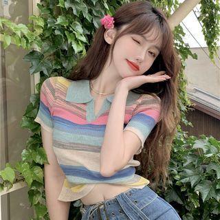 Short-sleeve Striped Ribbed Crop Polo Knit Top