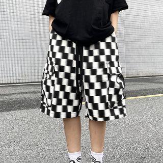 Drawstring Waist Checkered Cargo Shorts