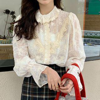 Bell-cuff Lace Long-sleeve Shirt As Shown In Figure - One Size