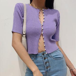 Short-sleeve Embellished Knit Crop Top