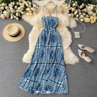 Spaghetti Strap Lace-up Paisley Print Midi A-line Dress