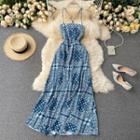 Spaghetti Strap Lace-up Paisley Print Midi A-line Dress
