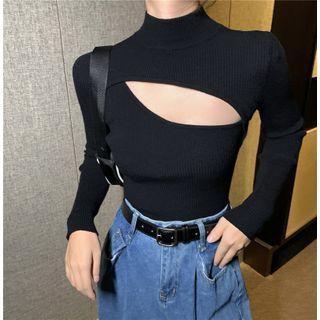 Cutout Mock-neck Knit Top Black - One Size