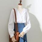 Long-sleeve Irregular V-neck Plain Shirt