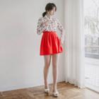Set: Hanbok Top (floral / Ivory) + Skirt (mini / Red)