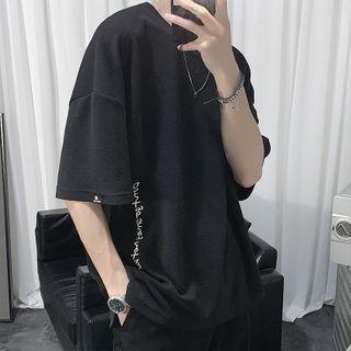 Slit Printed Elbow-sleeve Oversize Tee