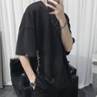 Slit Printed Elbow-sleeve Oversize Tee