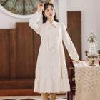 Tie-neck Long-sleeve Midi A-line Dress / Lantern-sleeve Sweater / Set