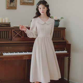 Long-sleeve Embellished Collar Midi A-line Dress