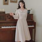 Long-sleeve Embellished Collar Midi A-line Dress