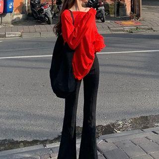 Plain Crewneck Long-sleeve Top / Plain High-waist Pants