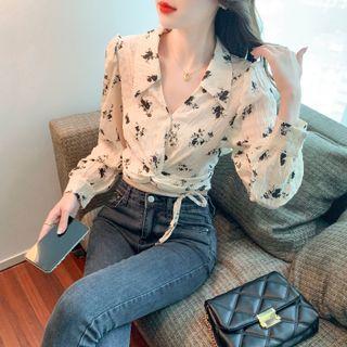 V-neck Floral Chiffon Cropped Shirt