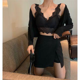 Lace Cropped Tank Top / Plain Cardigan / High-waist Mini A-line Skirt
