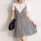Short Sleeve Mock Two Piece Lace Panel A-line Dress