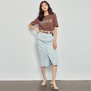 Slit-front Button-trim Midi Skirt