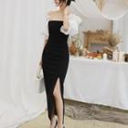 Off-shoulder Elbow-sleeve Maxi Sheath Dress