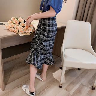 Plaid Drawstring Ruffle Hem Midi Skirt