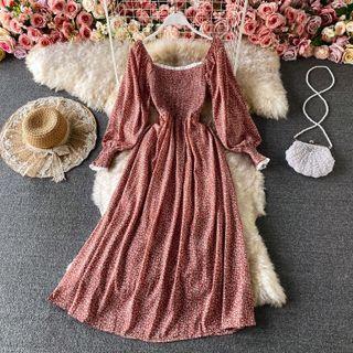 Square Neck Floral Chiffon Flare Dress