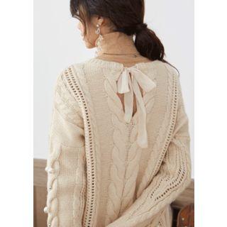 Beribboned Beaded Wool Blend Cable Sweater
